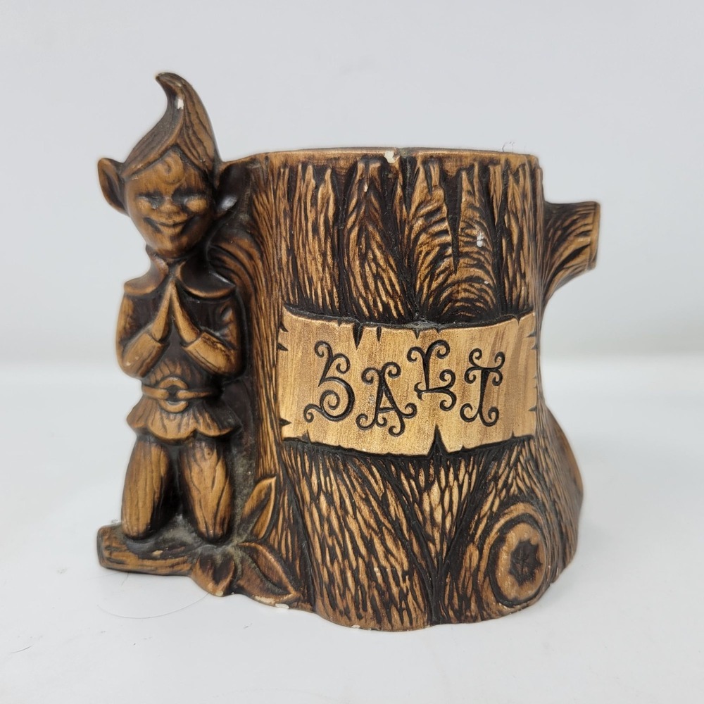 Vintage Treasure Craft 1960 Elf Pixie Salt‎ Shaker Tree Stump Wood Look